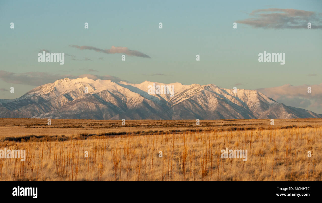 Utah's Wasatch Mountains as seen from Antelope Island in the Great Salt Lake Stock Photo