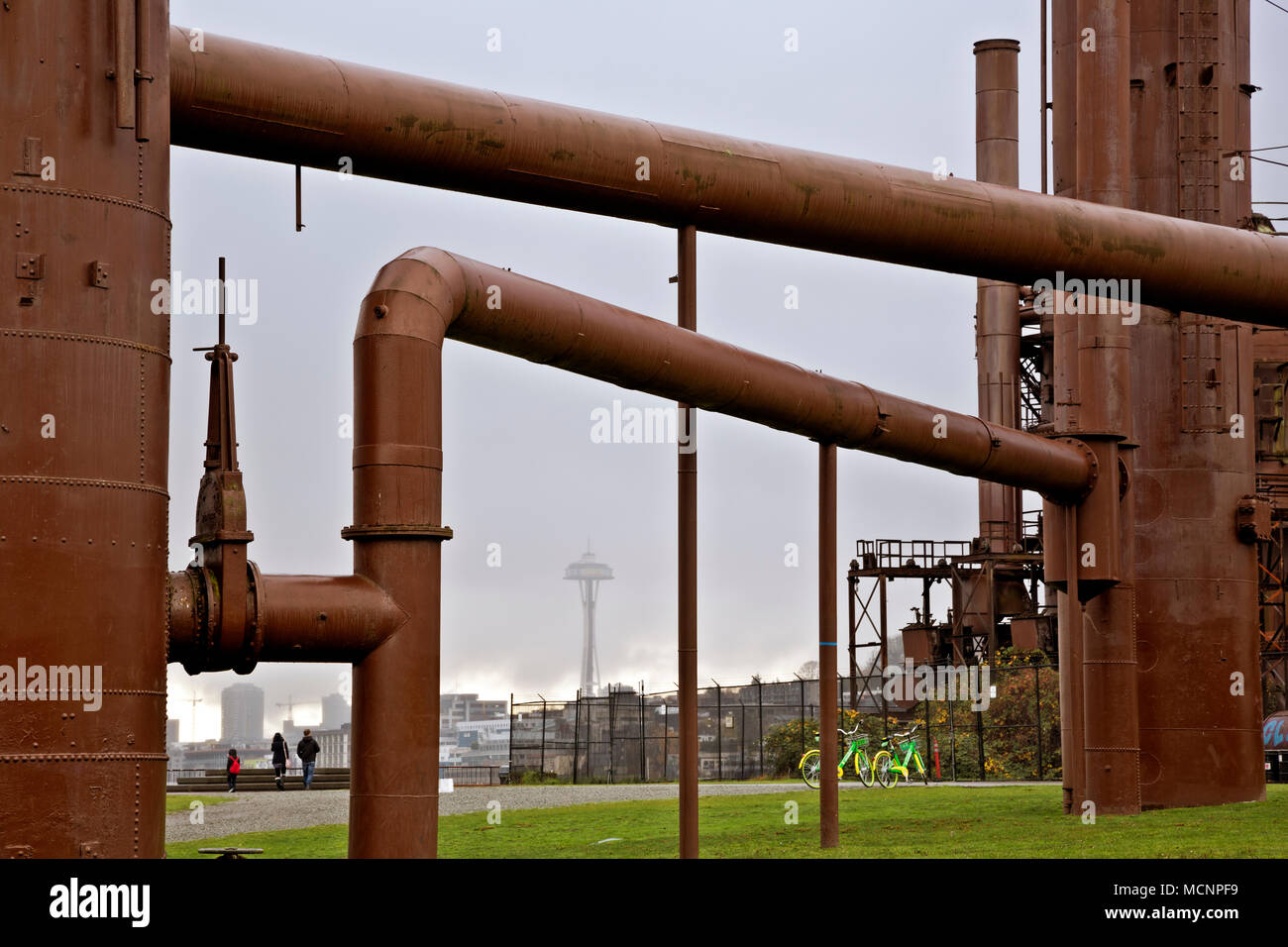 WA15260-00...WASHINGTON - Rainy day at Seattle's Gas Works Park, located at the north end of Lake Union with the Space Needle in the distance. 2017 Stock Photo