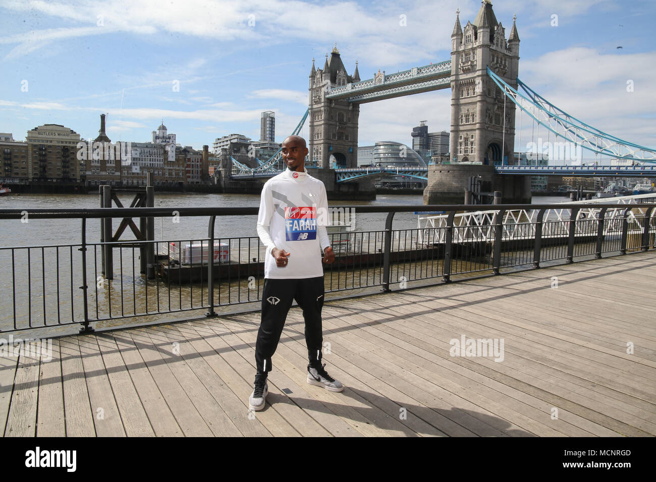 London UK 17 April 2018 Photo call with Sir Mo Farah ahead of his participation in this year Virgin Money London Marathon ,followed by a press conference at the Race Week Media Centre ,The Tower Hotel@Paul Quezada-Neiman/Alamy Live News Stock Photo