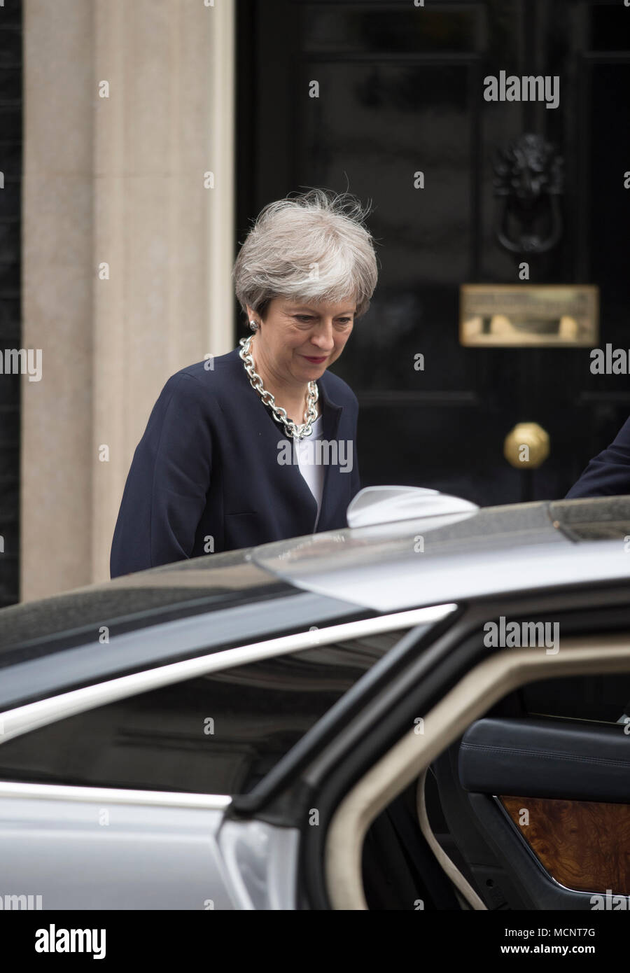 Downing Street, London, UK. 17th April, 2018. Prime Minister Theresa May leaves 10 Downing Street after meeting Commonwealth leaders and foreign ministers before the start of the Commonwealth Heads of Government summit in London. Credit: Malcolm Park/Alamy Live News. Stock Photo