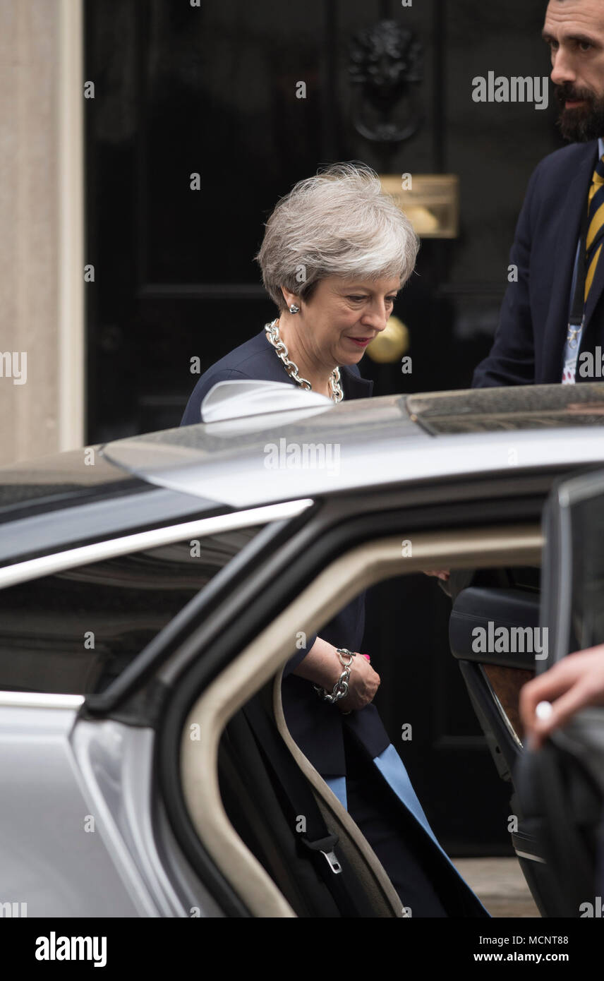 Downing Street, London, UK. 17th April, 2018. Prime Minister Theresa May leaves 10 Downing Street after meeting Commonwealth leaders and foreign ministers before the start of the Commonwealth Heads of Government summit in London. Credit: Malcolm Park/Alamy Live News. Stock Photo