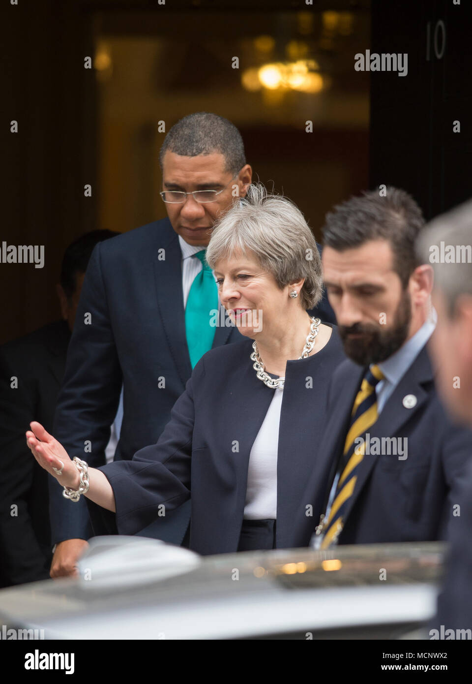 Downing Street, London, UK. 17th April, 2018. British Prime Minister Theresa May leaves 10 Downing Street in London with Jamaican Prime Minister Andrew Holness. Credit: Malcolm Park/Alamy Live News. Stock Photo