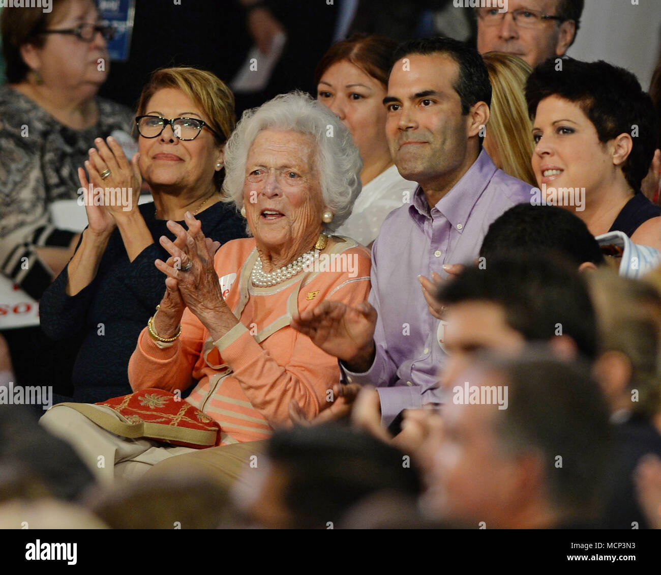 ***FILE PHOO*** BARBARA BUSH HAS PASSED AWAY (1925-2018) MIAMI, FL - JUNE 15: Columba Bush, Barbara Bush and George P. Bush as Former Florida Governor Jeb Bush announces his candidacy for the 2016 Republican Presidential nomination during a rally at Miami Dade College on June 15, 2015 in Miami, Florida. Credit: mpi04/MediaPunch Stock Photo