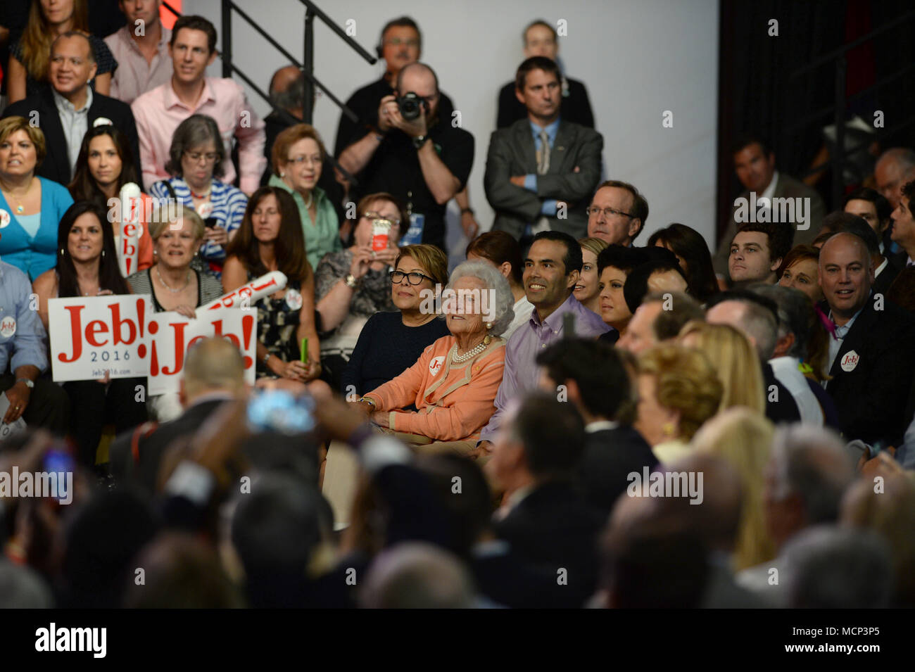 FILE: 17th Apr, 2018. Former first lady Barbara Bush 1925 - 2018. Photo taken: Miami, USA. 15th Jun, 2015. Former Florida Governor Jeb Bush on stage to announce his candidacy for the 2016 Republican presidential nomination at Miami Dade College - Kendall Campus Theodore Gibson Health Center (Gymnasium) June 15, 2015 in Miami, Florida.    People:  Barbara Bush, George P. Credit: Storms Media Group/Alamy Live News Stock Photo