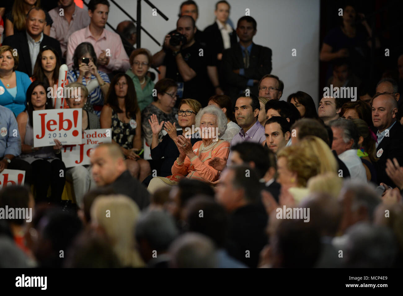 Miami, FL, USA. 15th June, 2018. Former Florida Governor Jeb Bush on stage to announce his candidacy for the 2016 Republican presidential nomination at Miami Dade College - Kendall Campus Theodore Gibson Health Center (Gymnasium) June 15, 2015 in Miami, Florida. John Ellis 'Jeb' Bush will attempt to follow his brother and father into the nation's highest office when he officially announces today that he'll run for president of the United States People: Barbara Bush, George P. Bush Credit: Hoo Me.Com/Media Punch/Alamy Live News Stock Photo