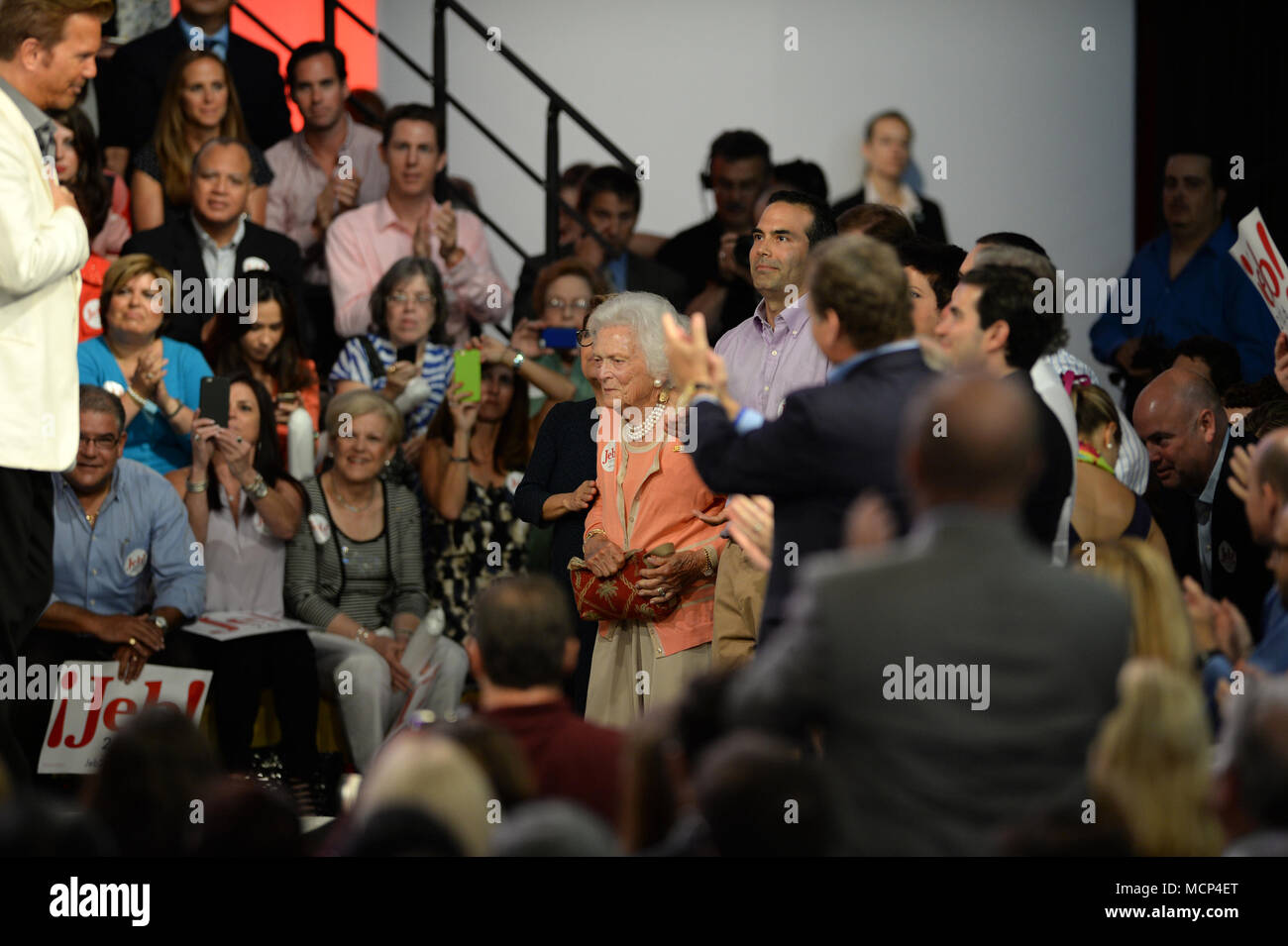 Miami, FL, USA. 15th June, 2018. Former Florida Governor Jeb Bush on stage to announce his candidacy for the 2016 Republican presidential nomination at Miami Dade College - Kendall Campus Theodore Gibson Health Center (Gymnasium) June 15, 2015 in Miami, Florida. John Ellis 'Jeb' Bush will attempt to follow his brother and father into the nation's highest office when he officially announces today that he'll run for president of the United States People: Barbara Bush Credit: Hoo Me.Com/Media Punch/Alamy Live News Stock Photo