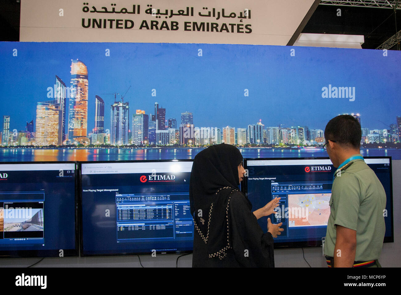 An army representative seen visiting Etimad booth from United Arab Emirates at DSA 2018. The 16th Defense Service Asia Exhibition and Conference also known as DSA 2018 was held in Kuala Lumpur, Malaysia on 16th-19th April 2018. It’s one of the top 5 defense shows in the world. Admission is open to government defense & security personnel, defense & security industry professionals & executives and other specially invited guests only.  1,500 companies from 60 nations and more than 50,000 trade visitors from around the world participated in the exhibition. Defense Service Asia has successfully run Stock Photo