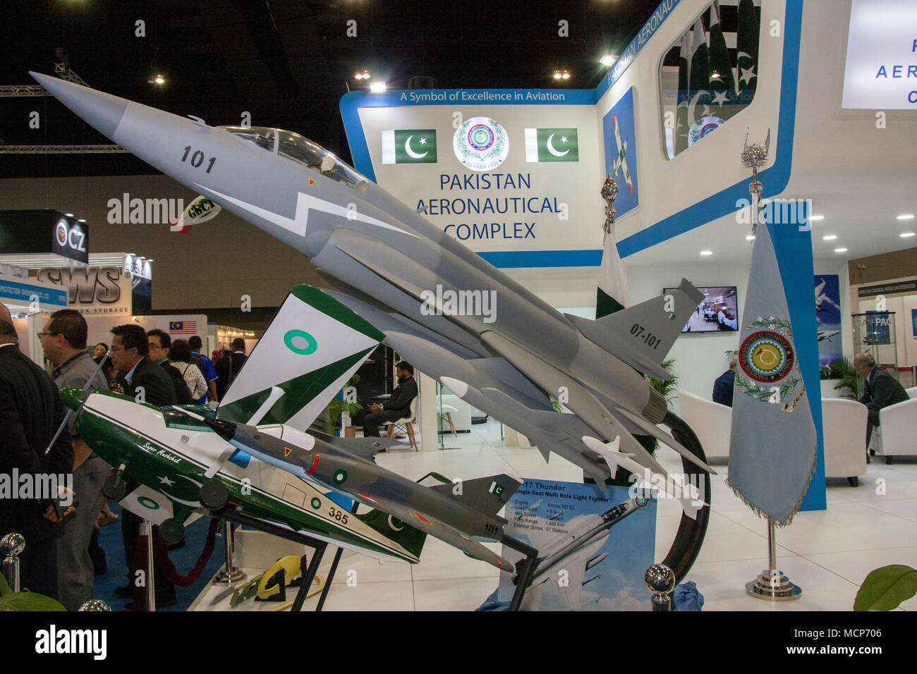 Pakistan Aeronautical Complex booth seen at the DSA 2018.   The 16th Defense Service Asia Exhibition and Conference also known as DSA 2018 was held in Kuala Lumpur, Malaysia on 16th-19th April 2018. It’s one of the top 5 defense shows in the world. Admission is open to government defense & security personnel, defense & security industry professionals & executives and other specially invited guests only.  1,500 companies from 60 nations and more than 50,000 trade visitors from around the world participated in the exhibition. Defense Service Asia has successfully run for almost 3 decades since 1 Stock Photo