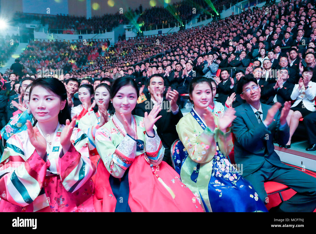 Pyongyang Apr 3 2018 North Koreans watch a joint concert by South and North Korean artists at Ryugyong Chung Ju yung Gymnasium in Pyongyang North Korea. North Korean leader Kim Jong Un is