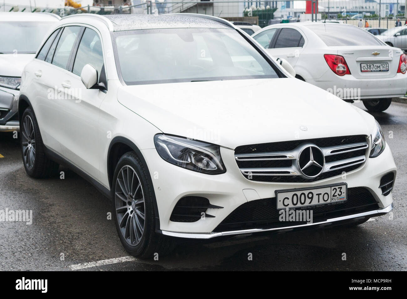 Sochi, Russia - October 12, 2016: New luxury white Mercedes Benz parked on the parking. Stock Photo