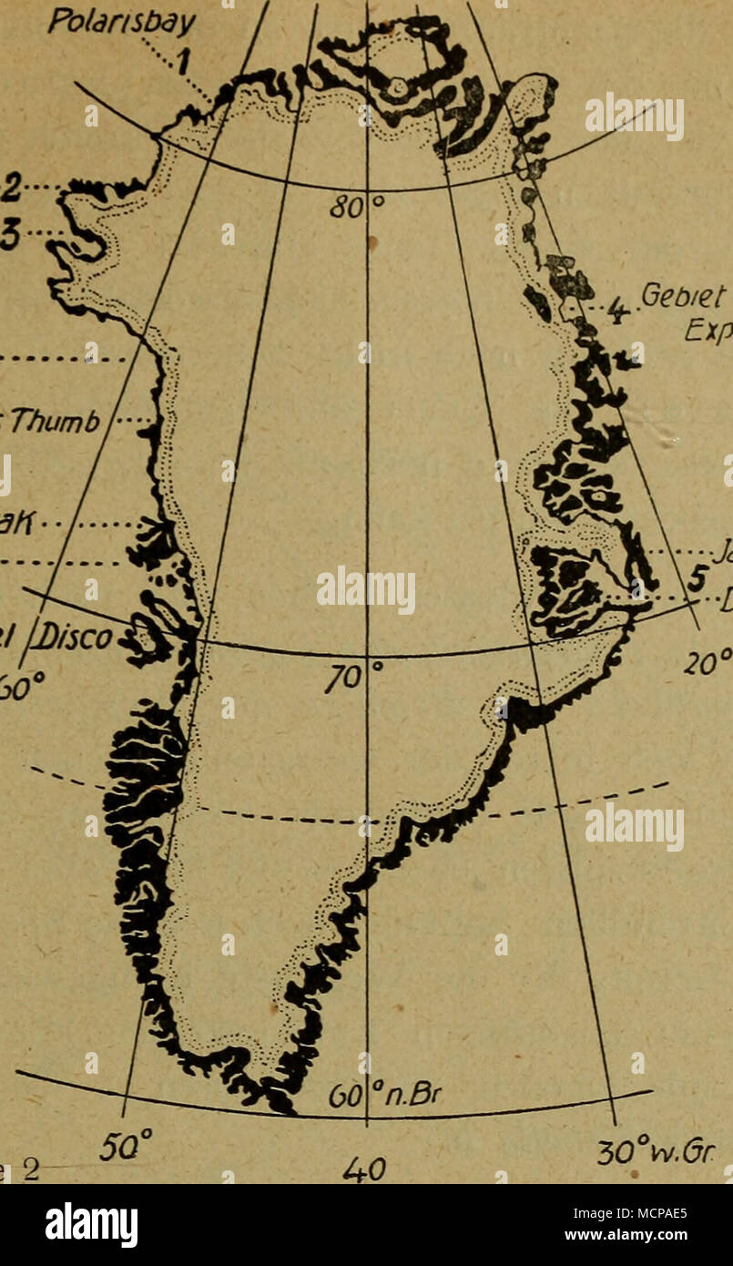 . A, GeÃ¶/et der DBnmarÃ¼ Expedition â JamesonlanÃ¤ DdnmarH-Jnsel Jns2/ LD/5C0 vgl. Tabelle 2 WestkÃ¼ste. 1. Polarisbay 81'' 40' Branchinecta paludosa 2. Foulkefjord 78'' 18' Lepidurus arcticus 3. Northumberland-Insel 77''30' Lepidurus arcticus Daphnia pulex O, Danmarksinsel 70^^ 27' Jamesonland 70&quot;^ 25' Lepidurus arcticus Daphnia pulex Scapholeberis mucronata Simocephalus exspinosus? Bosmina coregoni-obtusi- f rostris Macrothrix hirsuticornis Eurycercus glacialis Acroperus harpae Chydorus sphaericus Polyphemus pediculus â¢ 30 v/.6r OstkÃ¼ste. Anneksoe 77'' Hvalrossode 76'' 55' Stormkap  Stock Photo