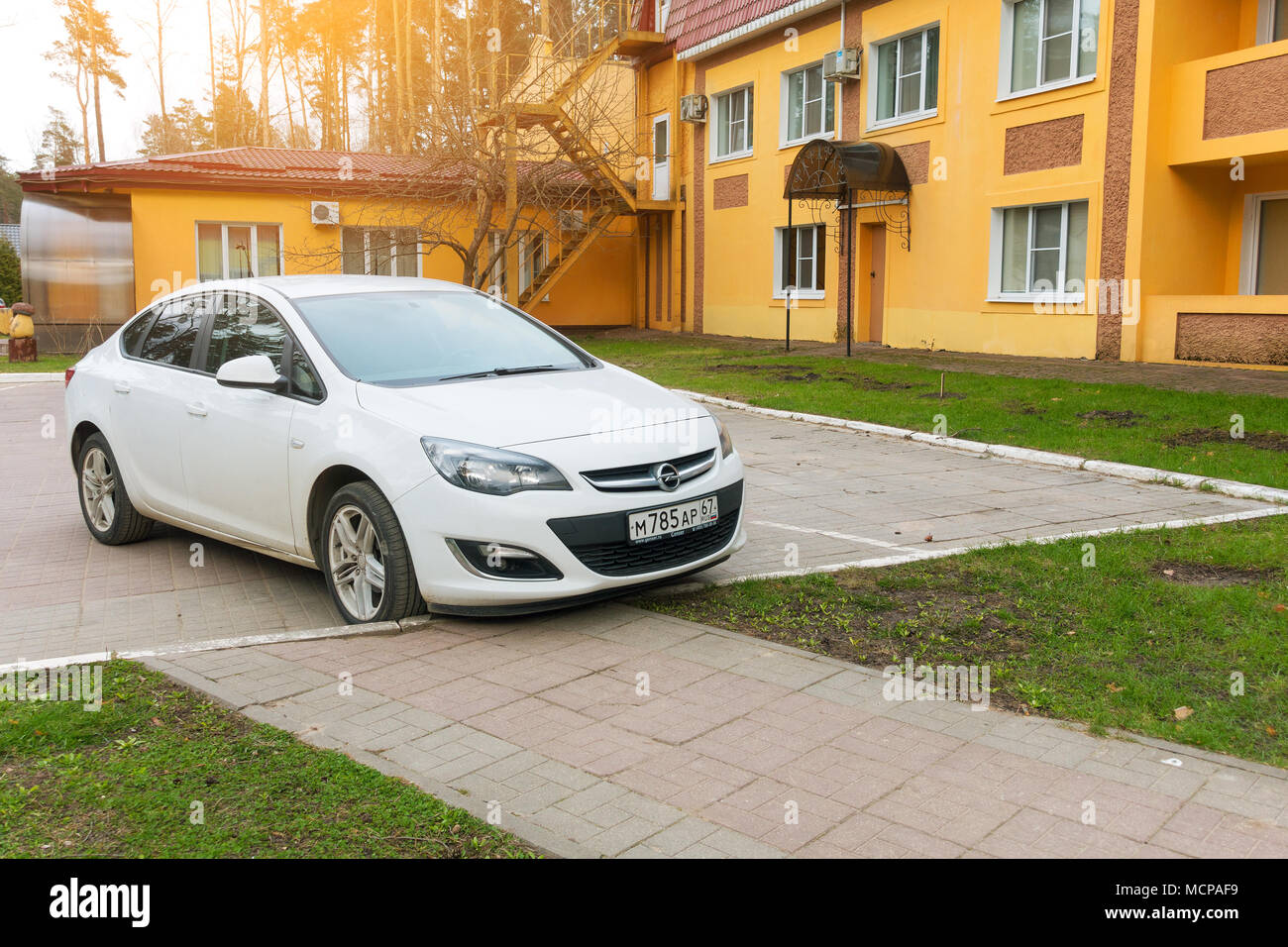 Smolensk, Russia - April 25, 2017: New Opel Astra parked near house on the street of Smolensk City. Stock Photo