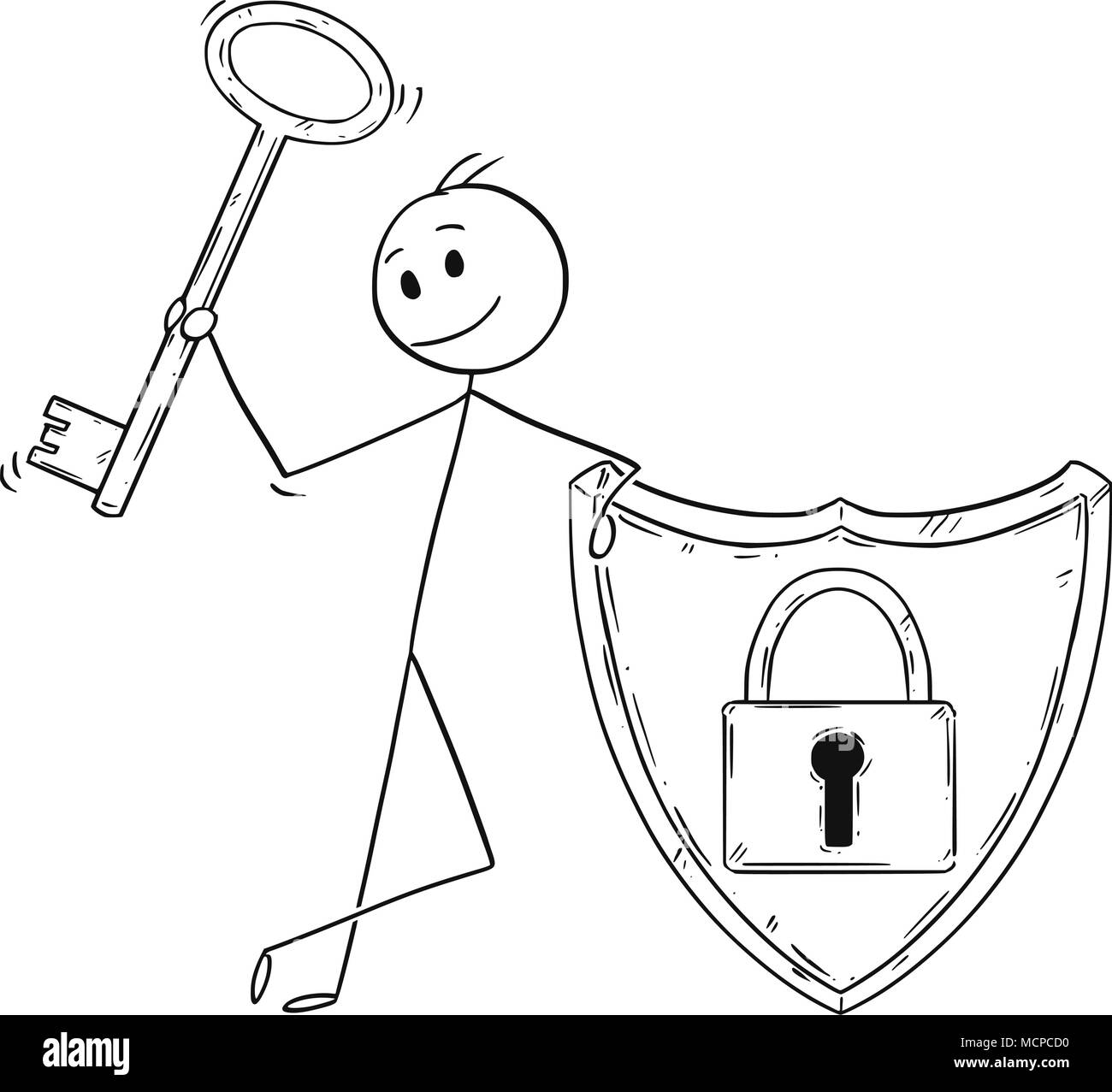 Cartoon of Man or Businessman With Locked Shield and Holding a Key as Password and