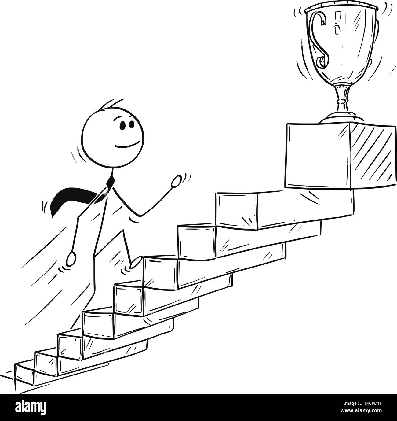 Cartoon of Businessman Running Up Stairs or Staircase for Trophy Cup Stock Vector