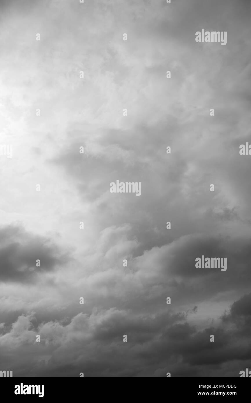 Cloudscape, overcast grey clouds over horizon. Cloudy gray sky background. Stock Photo