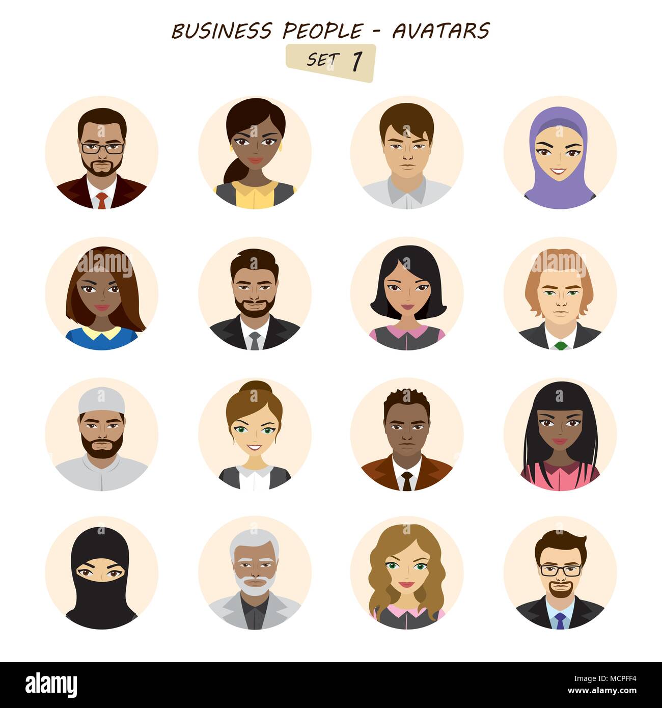 People avatars collection,business man and business woman different races, isolated on white background ,stock vector illustration Stock Vector