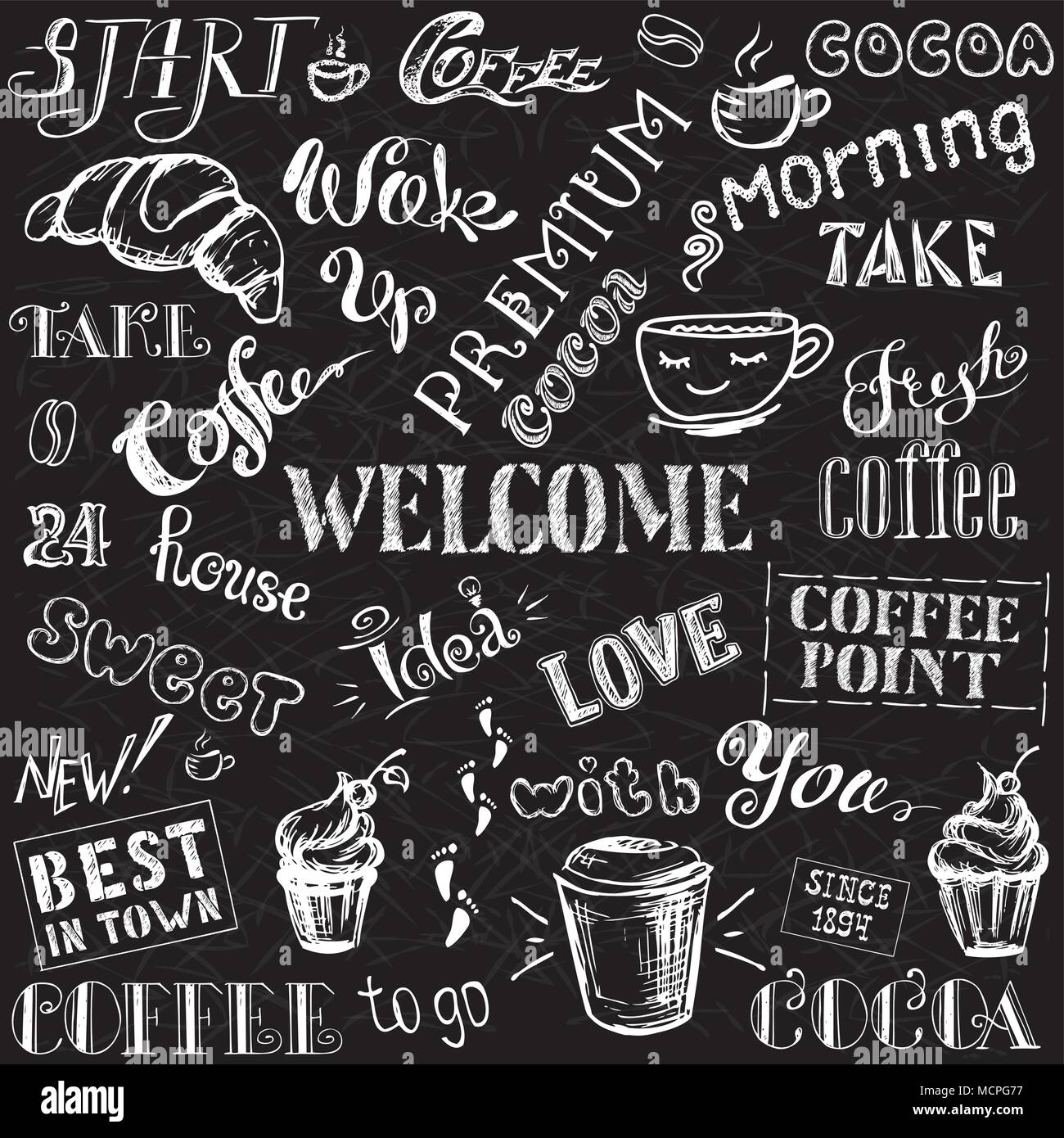 Coffee and cocoa - lettering,hand drawn on black background, stock vector illustration Stock Vector