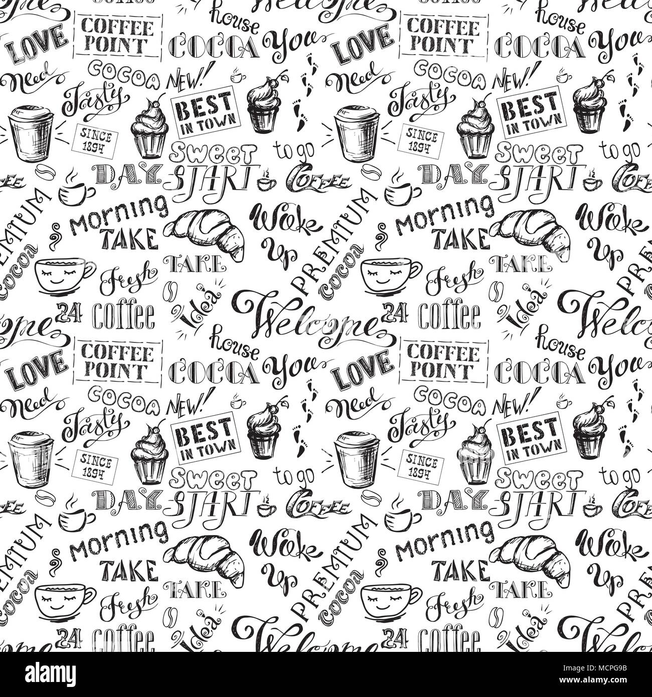 Coffee seamless pattern with lettering,cocoa lettering hand drawn on black background, stock vector illustration Stock Vector