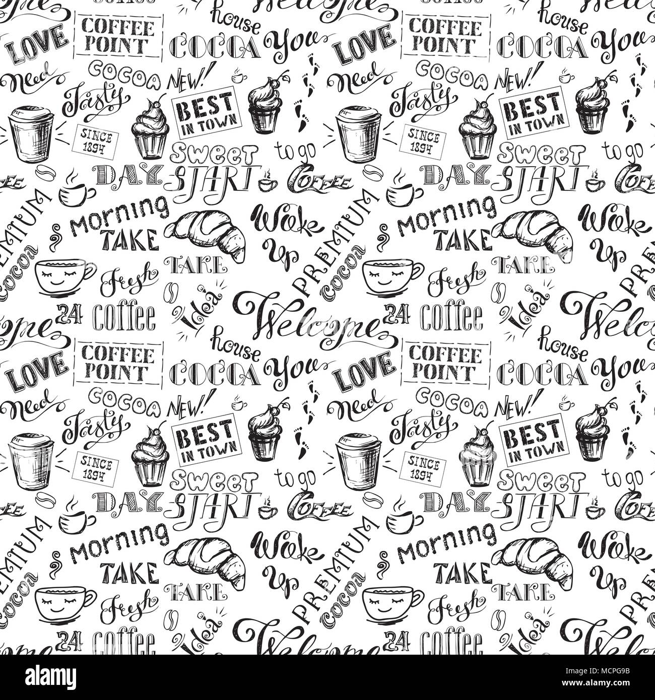 Coffee seamless pattern with lettering,cocoa lettering hand drawn on ...