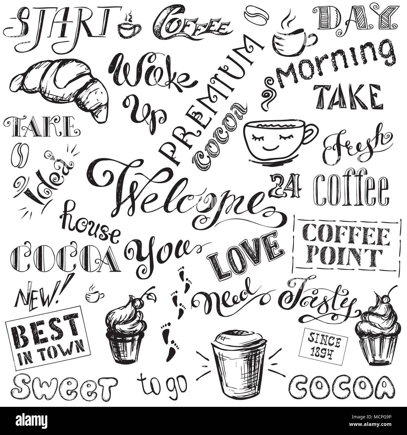 Coffee And Cocoa Lettering Set Hand Drawn On White Background Stock Vector Illustration Stock Vector Image Art Alamy