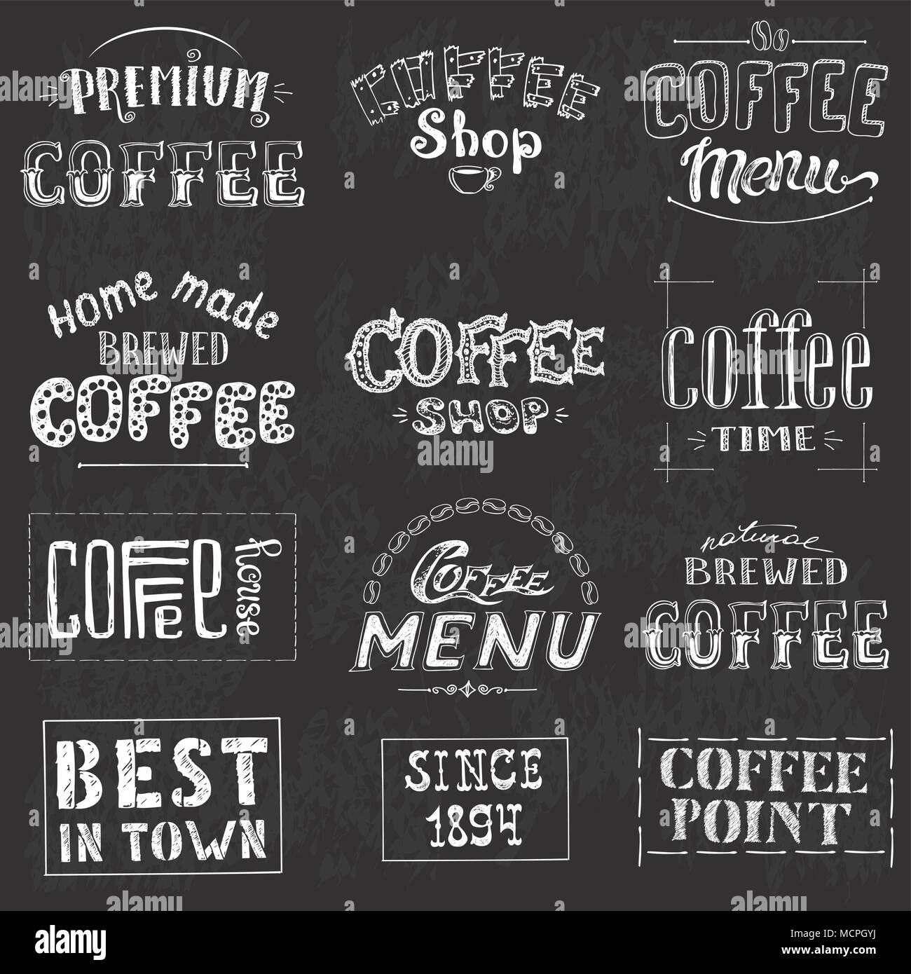 Set Of Vintage Retro Coffee Labels On Chalkboard . Coffee decoration