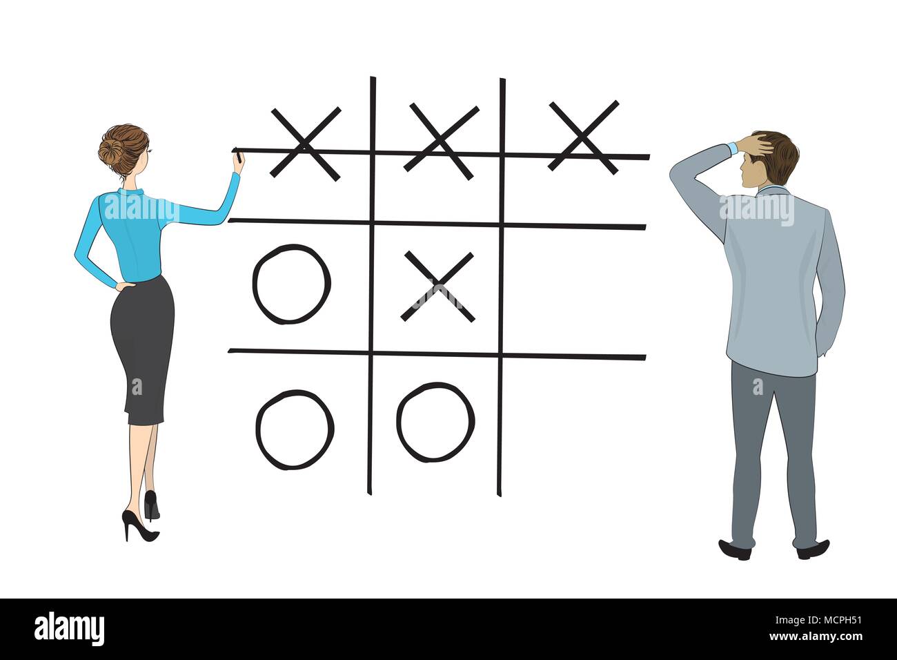 Business woman and businessman play tic tac toe game, isolated on white background,, stock vector illustration Stock Vector