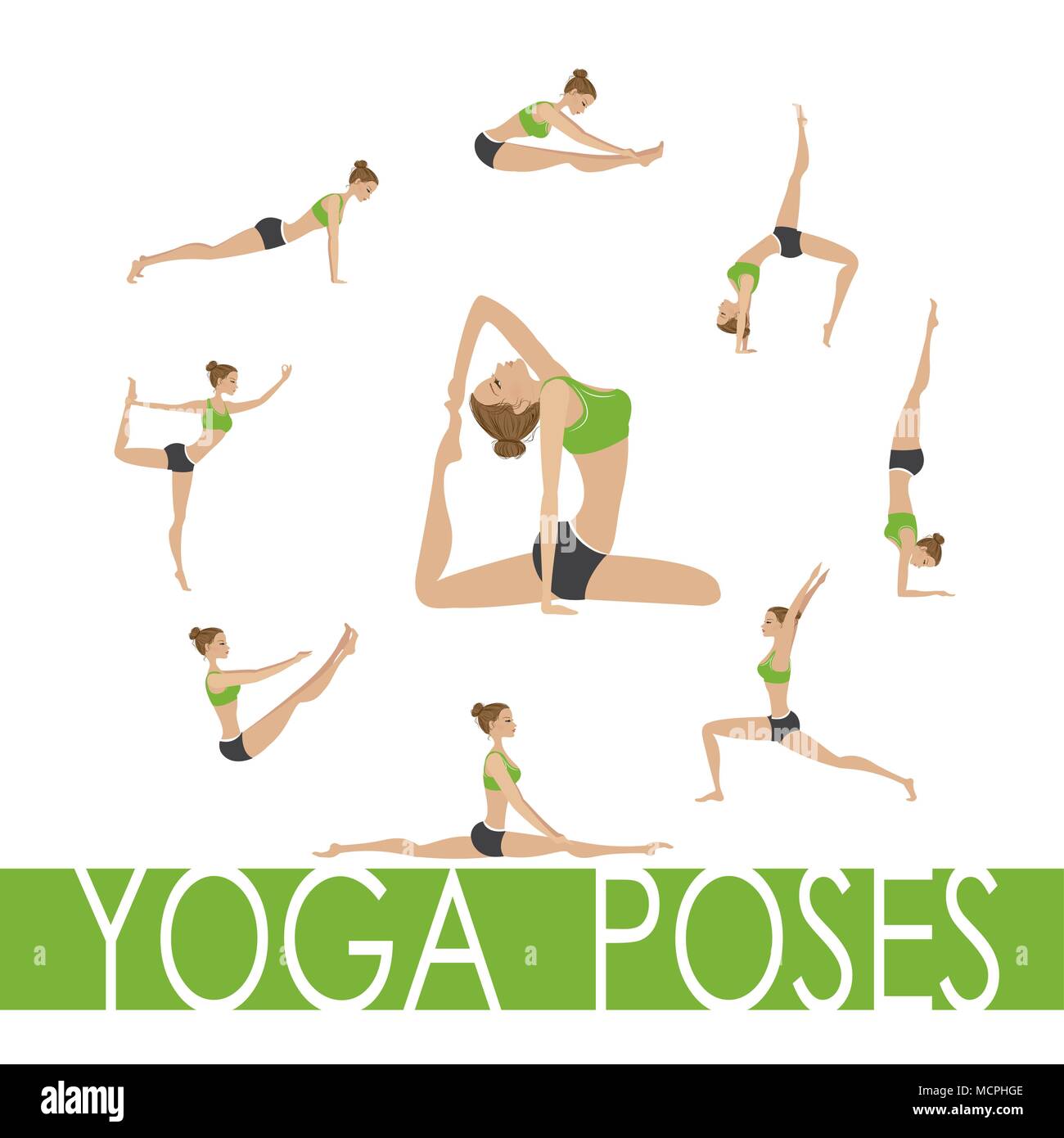 Set - Young pretty girl doing yoga poses, isolated on white background ...