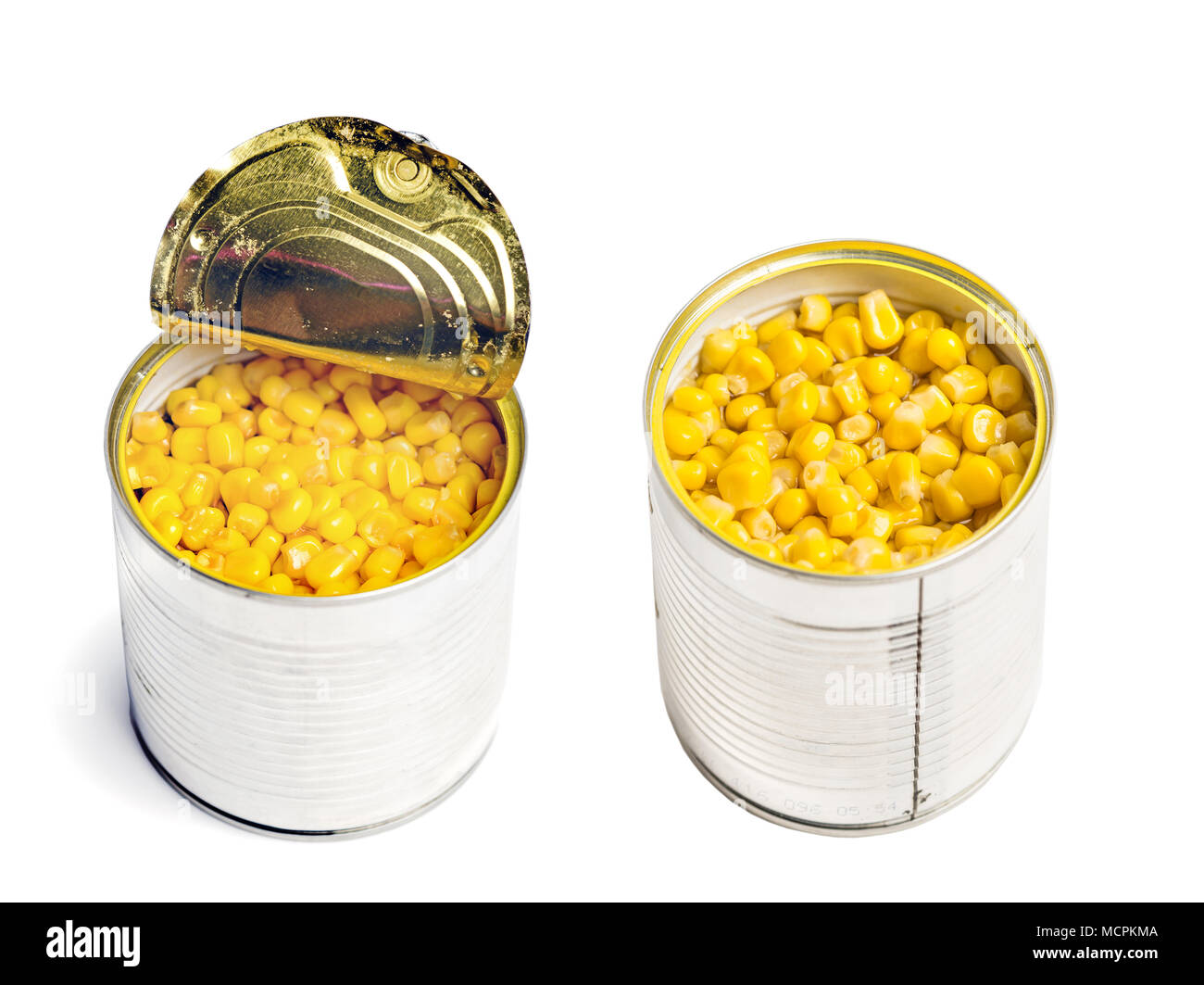 Open metall can with cooked corn isolated on  white background Stock Photo