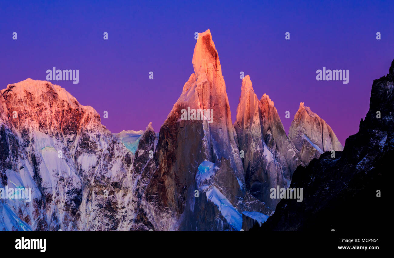 Fitz Roy and Cerro Torre mountains at sunrise. El Chalten, Santa Cruz, Argentina. Stock Photo