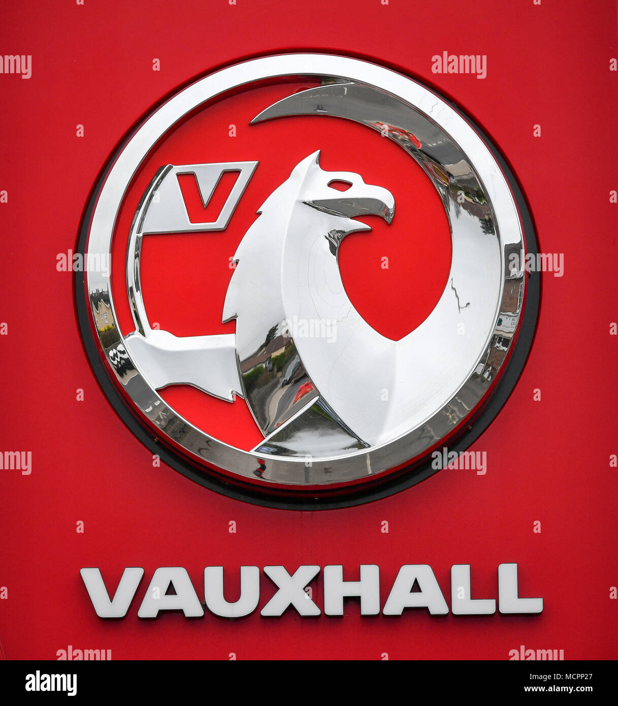 A general view of a Vauxhall sign after the company announced it will scale back its dealerships amid falling sales and changes in the way motorists buy cars. Stock Photo