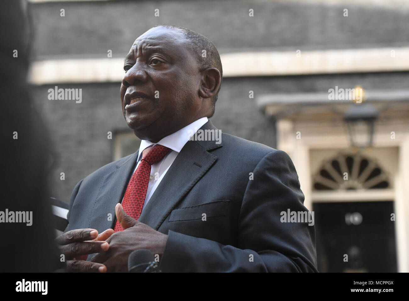 South African President Cyril Ramaphosa in Downing Street, London talks to the waiting media after having bilateral talk with Prime Minister Theresa May. Stock Photo