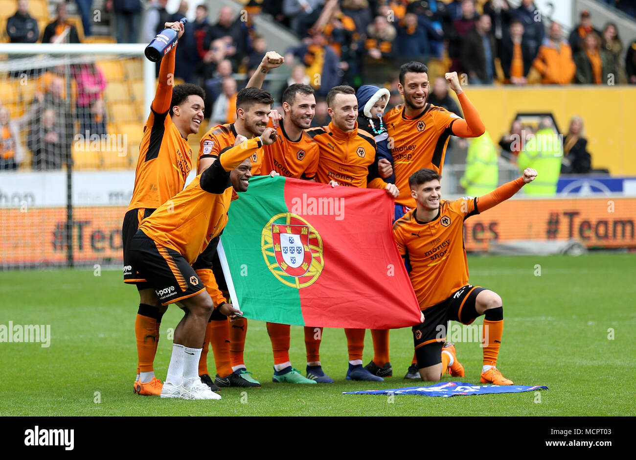 The Portuguese contingent of Wolverhampton Wanderers players celebrate  winning promotion to the Premier League after the Sky Bet Championship  match at Molineux, Wolverhampton Stock Photo - Alamy