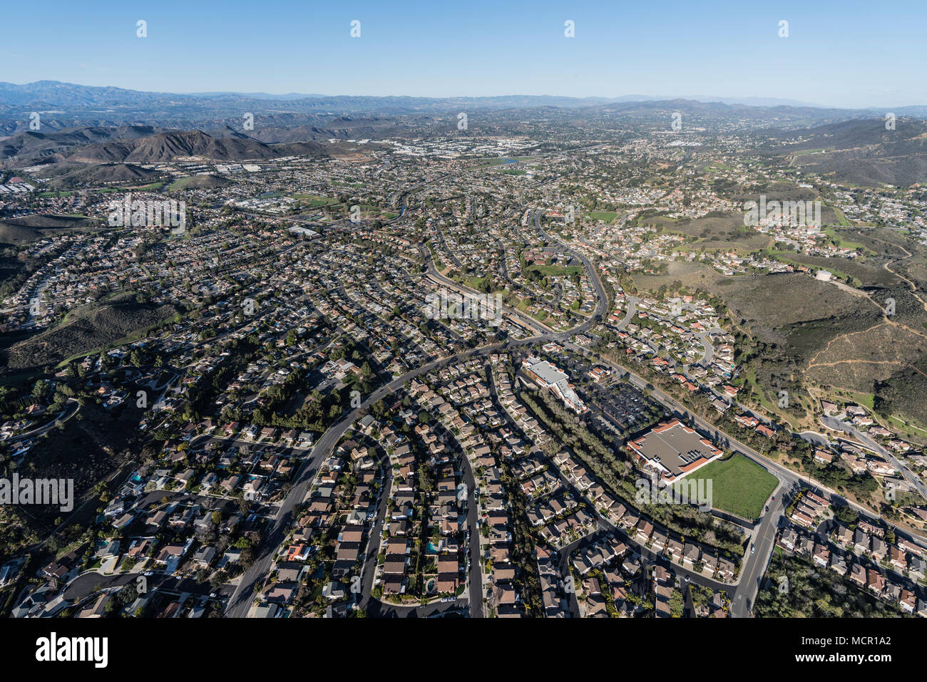 Aerial view of suburban Newbury Park and Thousand Oaks near Los Angeles, California. Stock Photo
