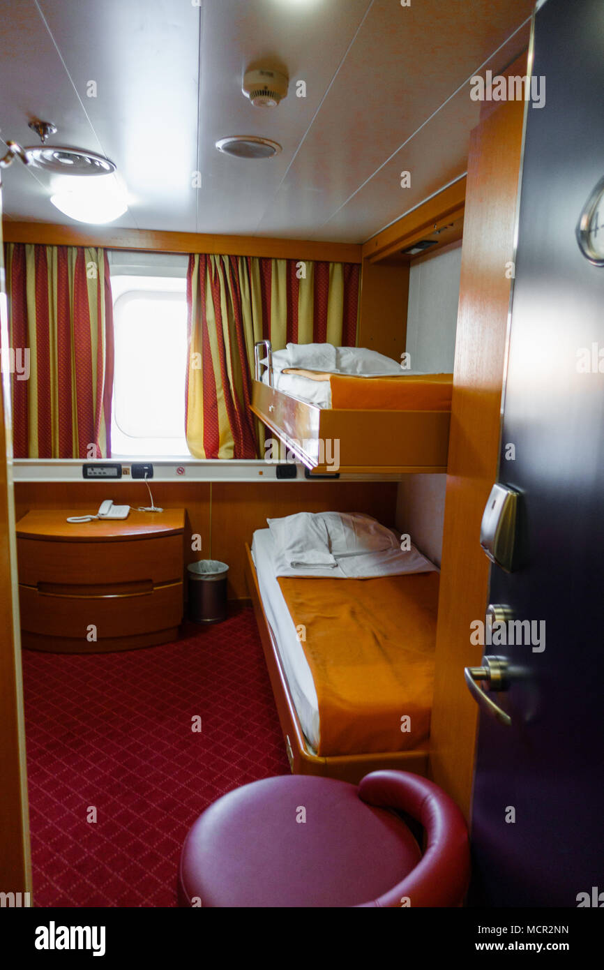 Interiors of business travel compartment with high section and low section in a train, Athens, Greece Stock Photo