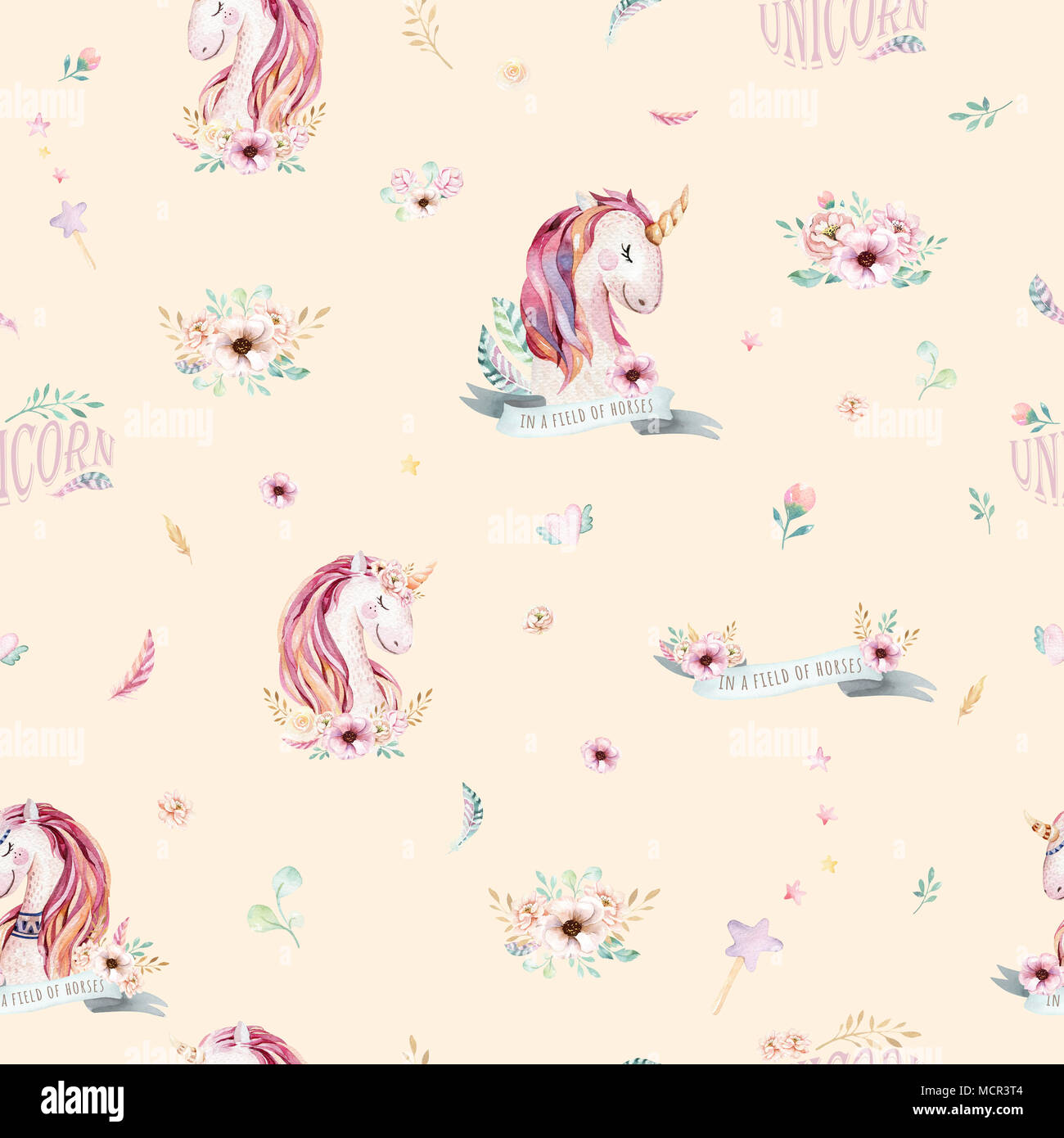 Cute watercolor unicorn seamless pattern with flowers. Nursery magical ...