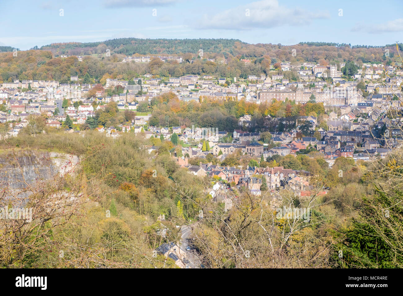 A view over Matlock and the surrounding countryside from High Tor during Autumn. Derbyshire, England, UK Stock Photo