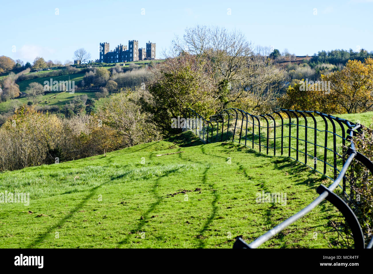 Riber Castle at Matlock during Autumn, viewed across fields from High Tor, Derbyshire, England, UK Stock Photo