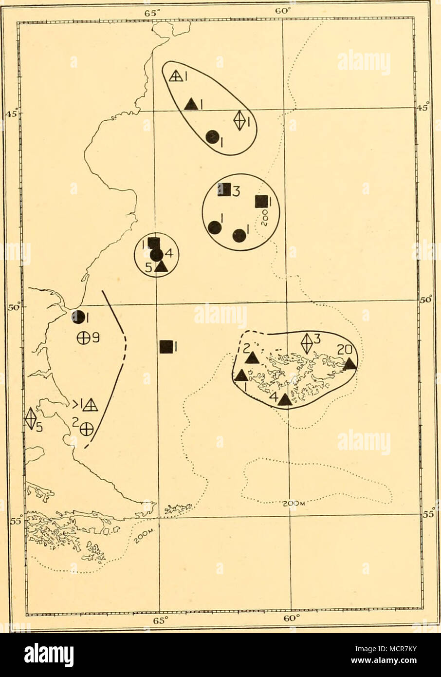 . Fie ,2 Distribution of Agonopsis chiloensis: positive records only, roughly contoured to show their localization in differerit seLns'. oLonds, springfcircles, summer; triangles, autumn; squares, winter. Solid symbols represent captures m Trawl + accessory nets'; cross symbols with 'Other gear'. LIPARIDAE Careproctus falklandica (Lonnberg). Six specimens of this fish were trawled at St. WS89 off Cape Virgins in April 1927. It was previously known only from the Falkland Islands and the Burdwood Bank. This suggests a distribution similar to that of Neophrynkhthys, which it resembles m havmg a s Stock Photo