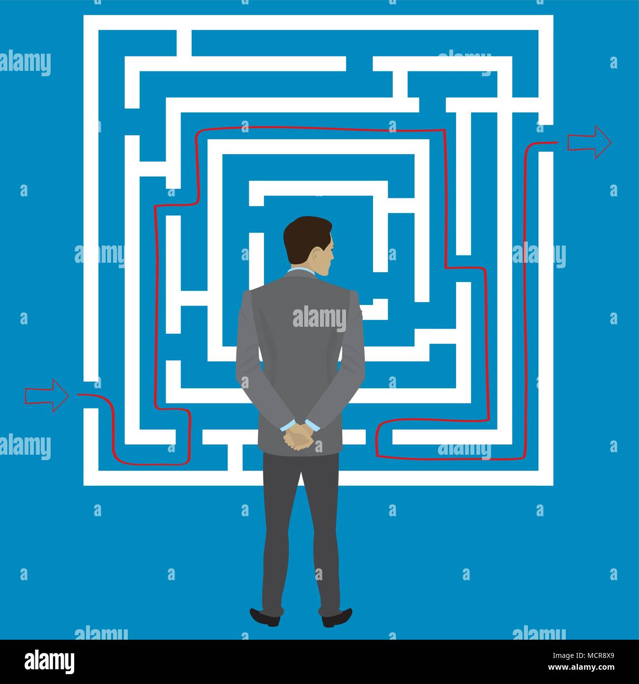 Businessman standing in front of a maze with a solution to success ...