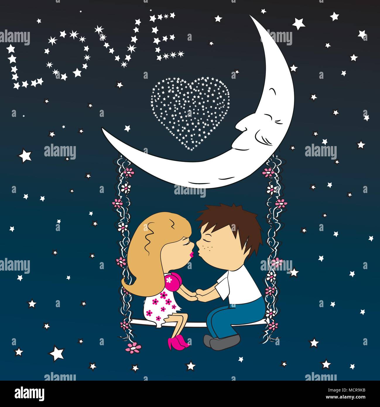 Love couple sitting at night on a swing attached to the moon.Modern design stylish illustration. Retro flat vector background. Valentines Day Card. Stock Vector