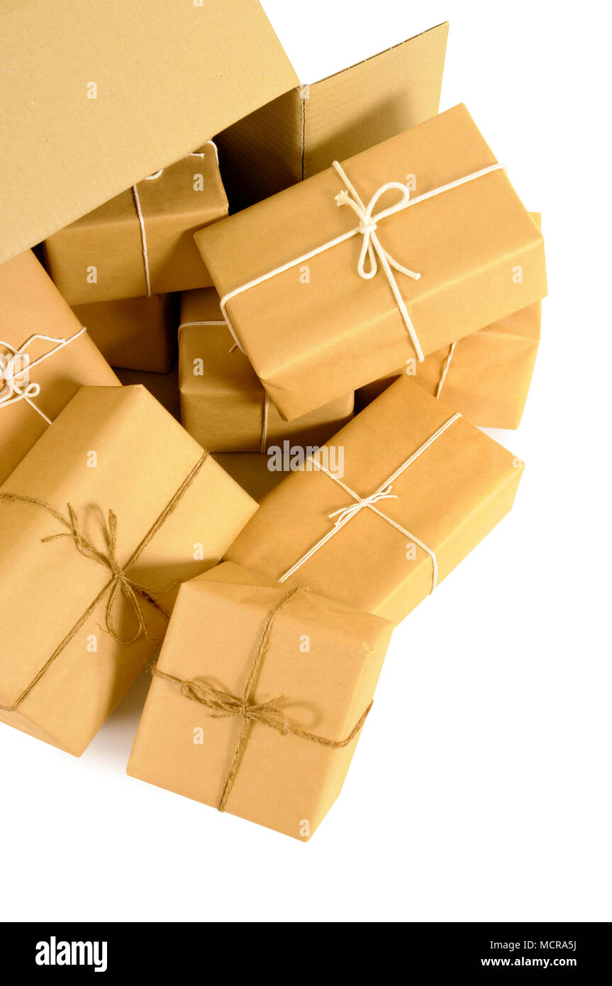 Cardboard shipping box with several brown paper mail packages inside