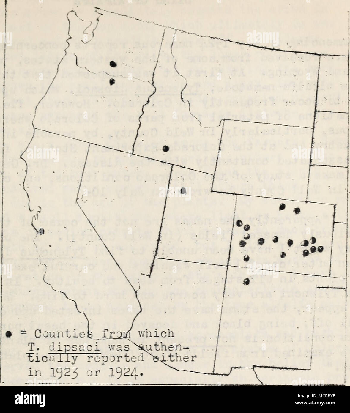 . Fig. 3. Present .known distribution of the alfalfa nematode, Tylenchus dipsaci, according to records of the Plant Disease Survey. Recent literature; Godfrey, G. H., and M. B. McKay. The stem nematode Tylenchus dipsaci on v/ild hosts in the Northw-.-st. U. S. Dept. Agr. Bui. 1225): 1-9. Mar. 1924. Dissemination of the stem and bulb infesting com- .posites. Jour.- i^gr. Res. 28: 473-478. 1-3- May 3, 1924. BACTERIAL ELIGHT CAUSED BY' BACT^RIbl-r Mt^DICAGINIS (SACK.) EPS. Bacterial blight v/as reported as occurring in Uobraska, Idaho, and Washington, but did practically no damage. It is interest Stock Photo