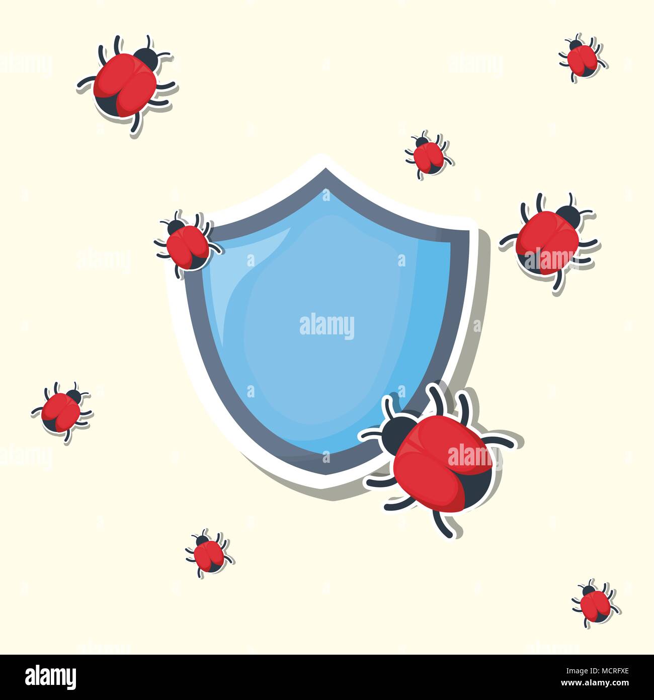 cyber security design with shield with virus bugs over white background, colorful design. vector illustration Stock Vector