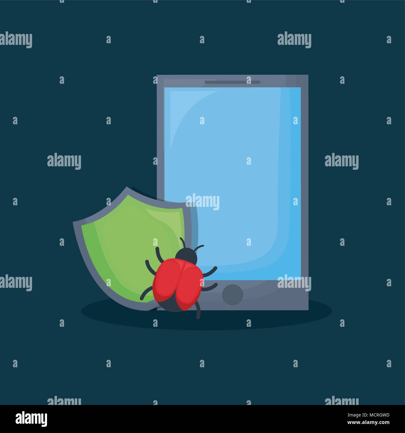 cyber security design with smartphone with shield and virus bug over ...