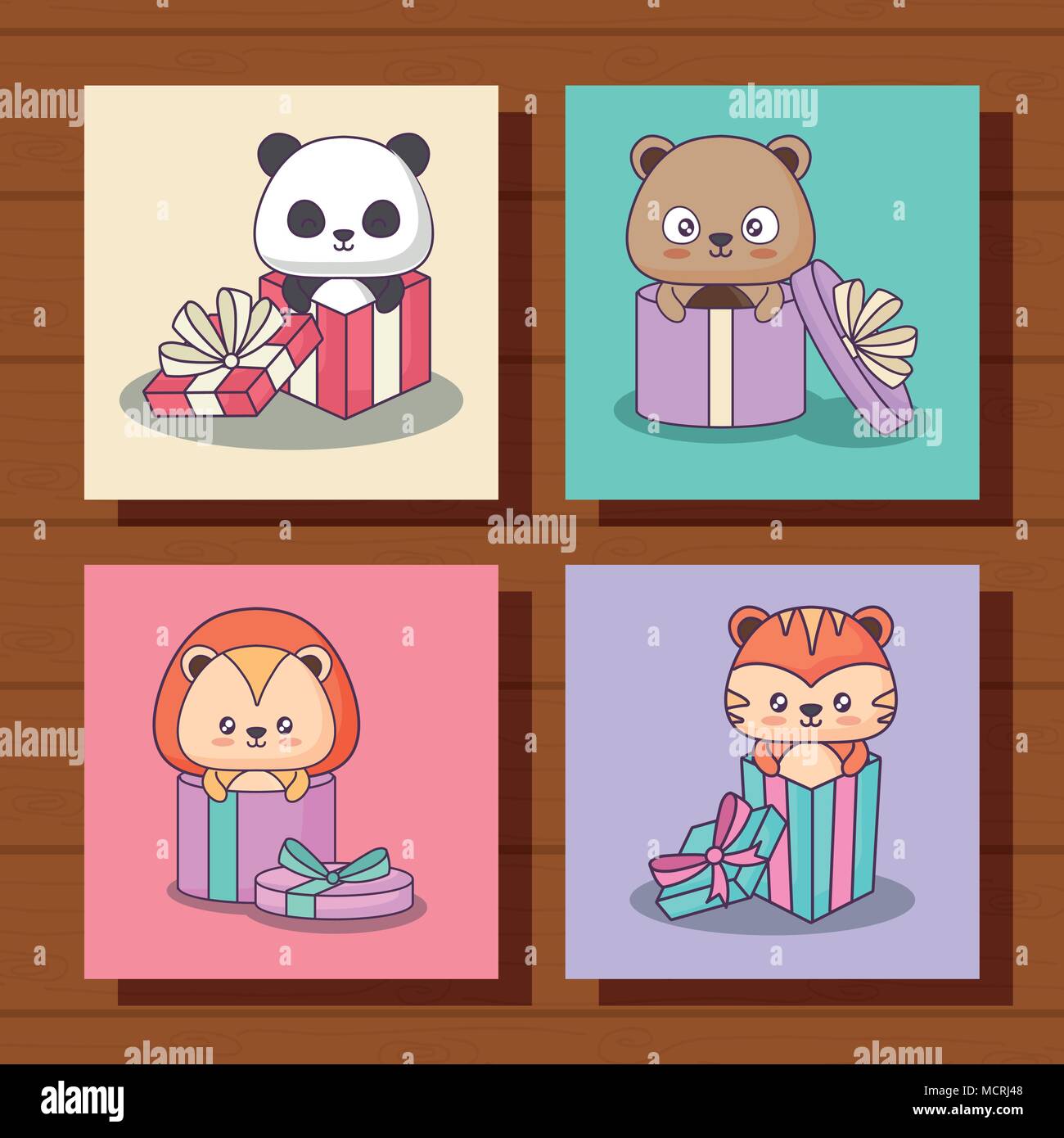 icon set of cute animals and gift box over colorful squares and wooden ...