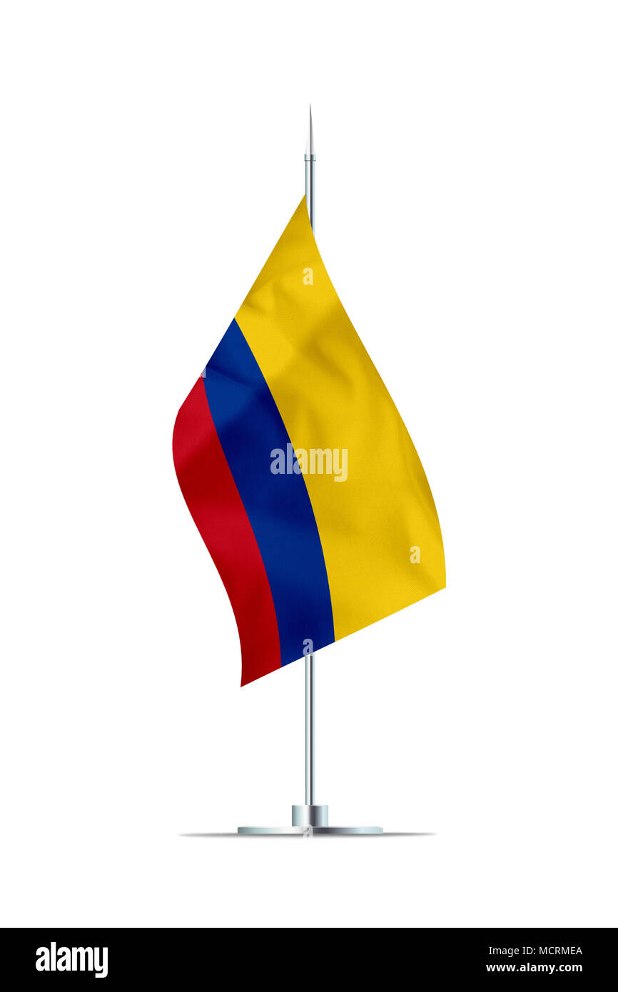 Small Colombian flag  on a metal pole. The flag has nicely detailed textile texture. Isolated on white background. 3D rendering. Stock Photo