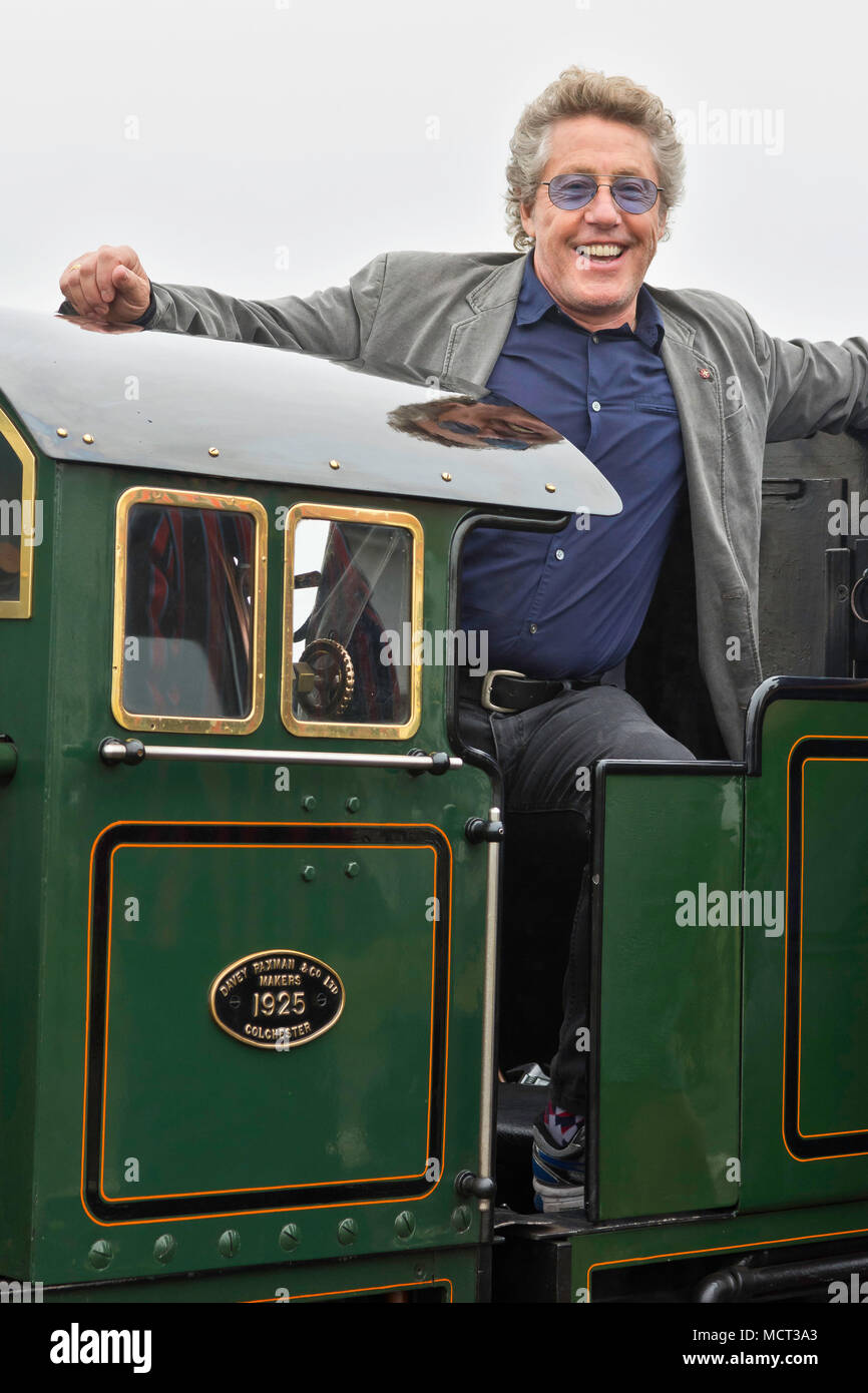 Roger Daltrey CBE on the footplate of miniature steam locomotive 'Northern Chief' on the Romney, Hythe and Dymchurch Railway, Kent Stock Photo