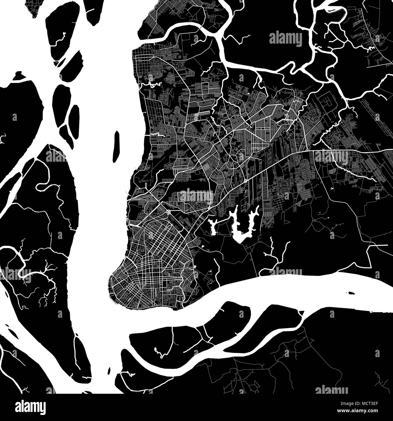Area map of Belém, Brazil. Dark background version for infographic and marketing projects. This map of Belém,  Pará, contains typical landmarks with s Stock Vector