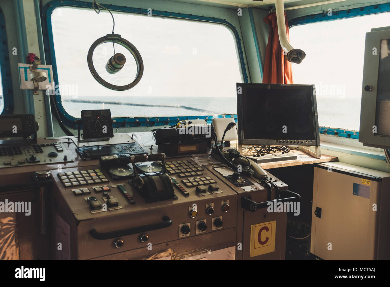 Captain's Cabin View From The Inside, Point Of View Shot. panel of ship devices Stock Photo