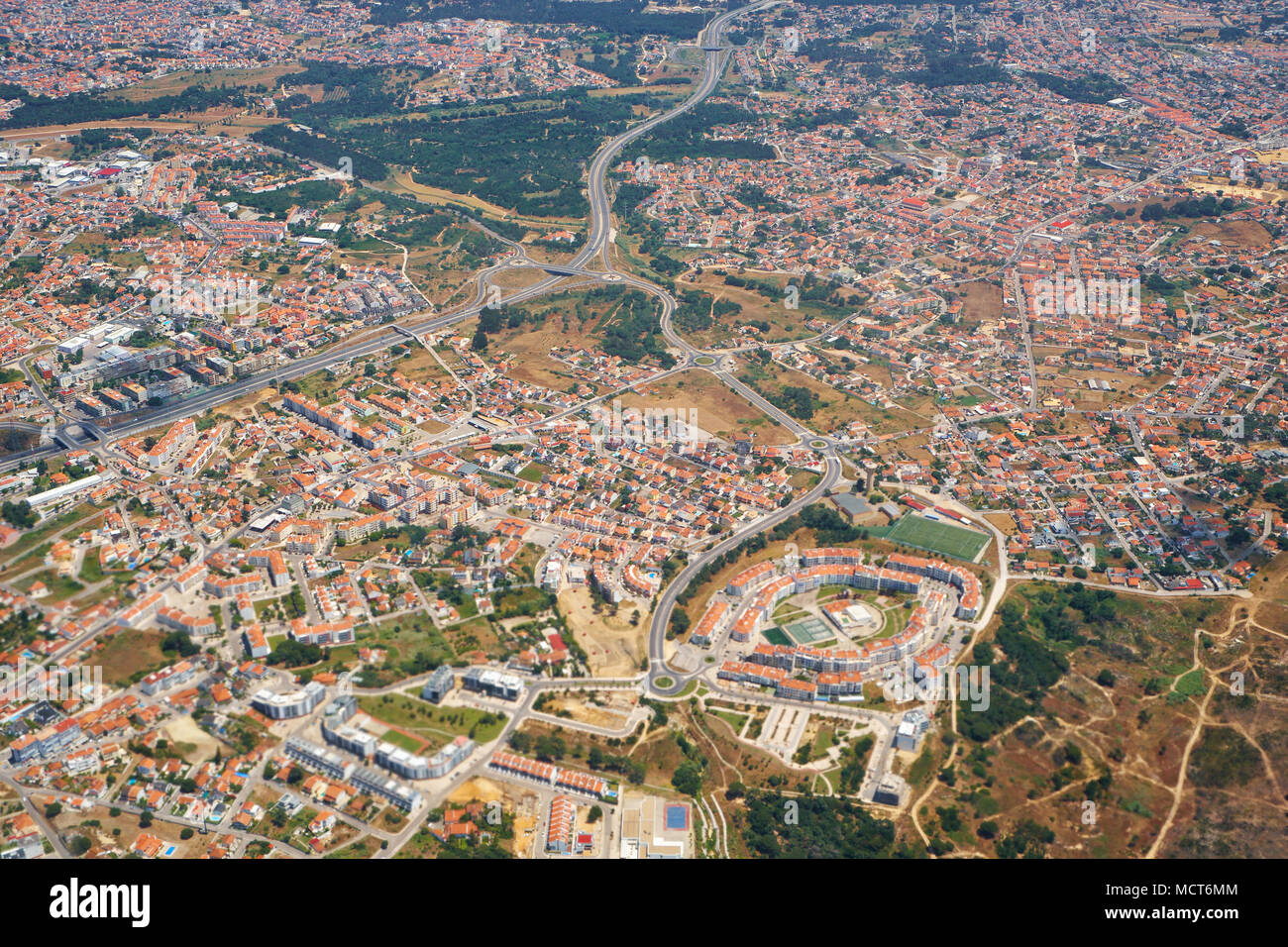 The air view of Bem Me Quer condominium in the form of the eye in Charneca de Caparica parish. Almada. Portugal Stock Photo